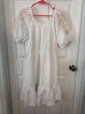 White Embroidered Puff Sleeve Dress